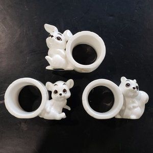 3 Vintage Schmid Japan Ceramic White EASTER Napkin Rings Rabbit Mouse Squirrel M